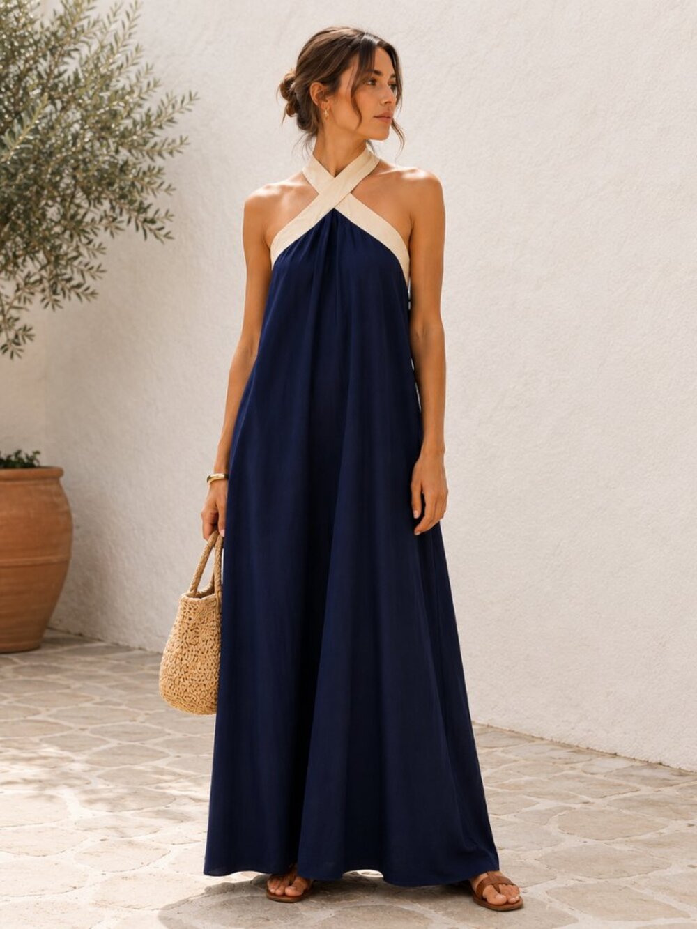 Chic Navy & Cream Cross Front Maxi Dress NWOT Size L Minimalist Dress